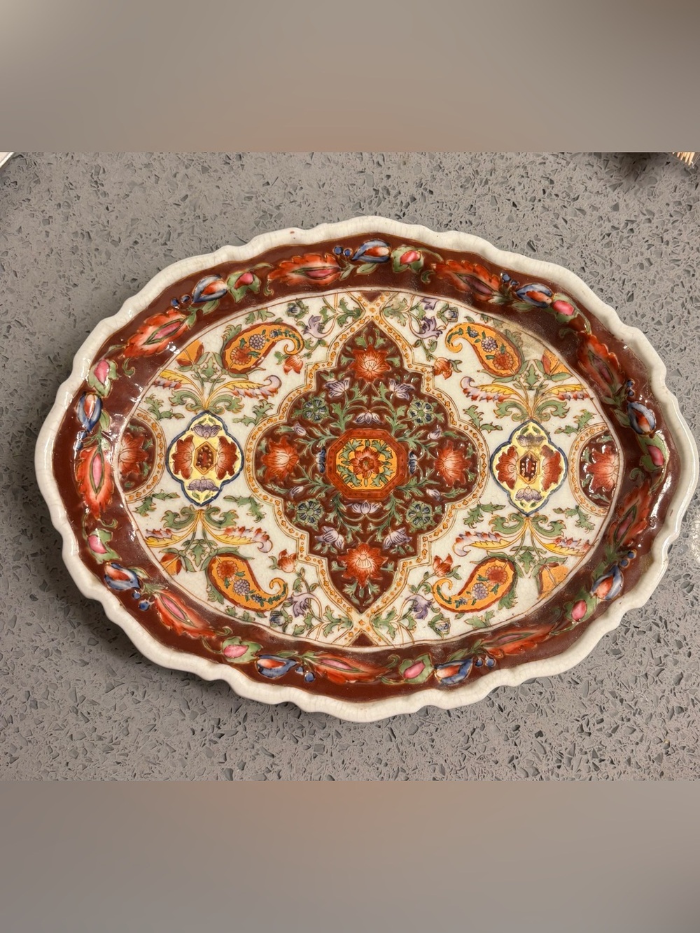 Vintage Chinese Paisley Floral Motif Patterned Porcelain Oval Brass Footed Tray